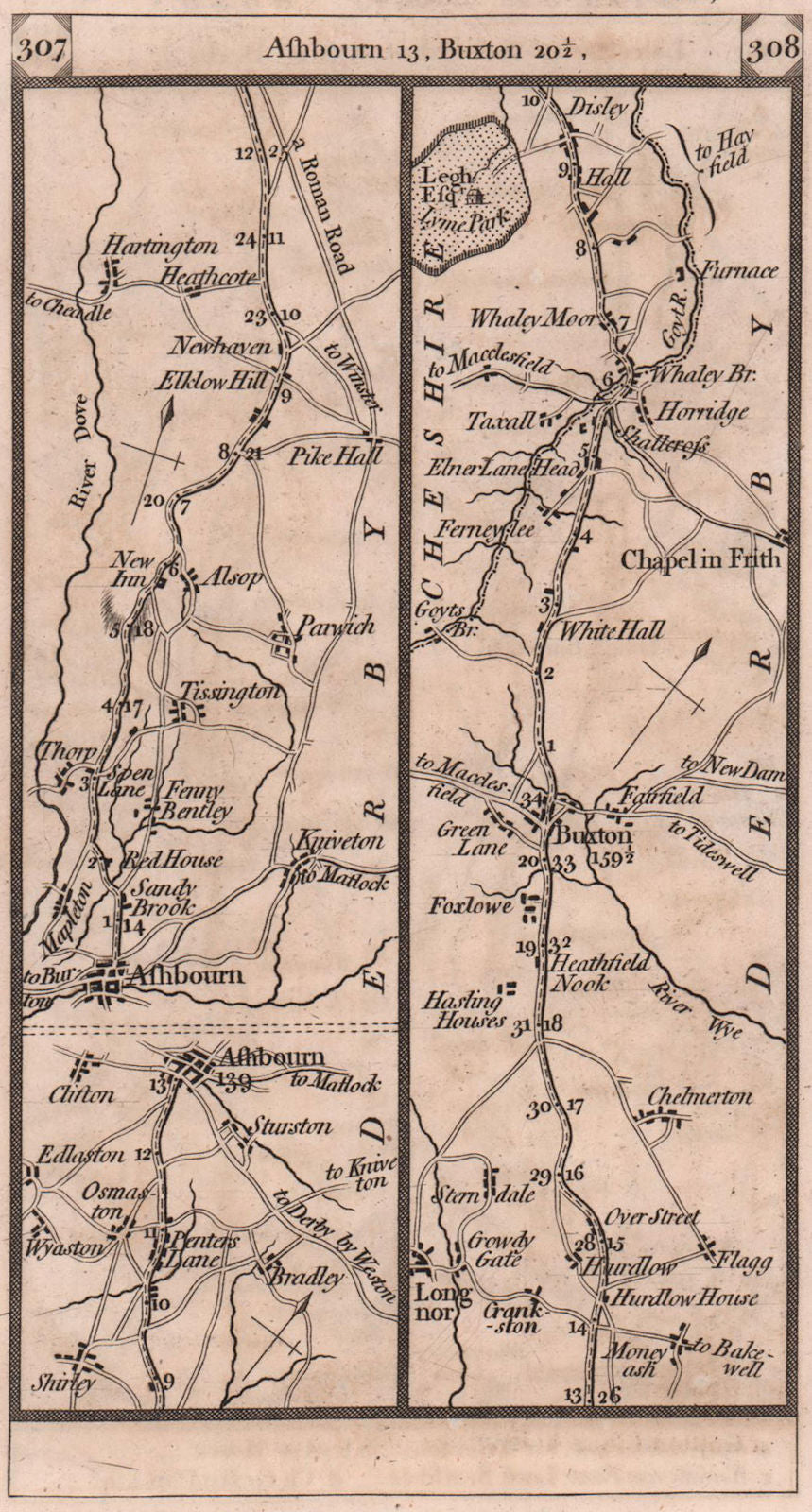 Ashbourne-Alsop-le-Dale-Buxton-Whaley Bridge road strip map PATERSON 1803